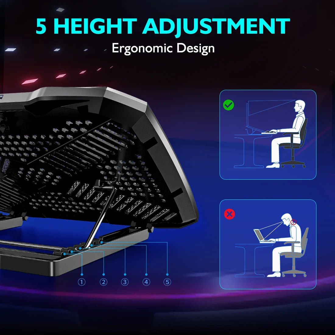 Laptop Cooling Pad with 5 Quiet Fans and Adjustable Stand