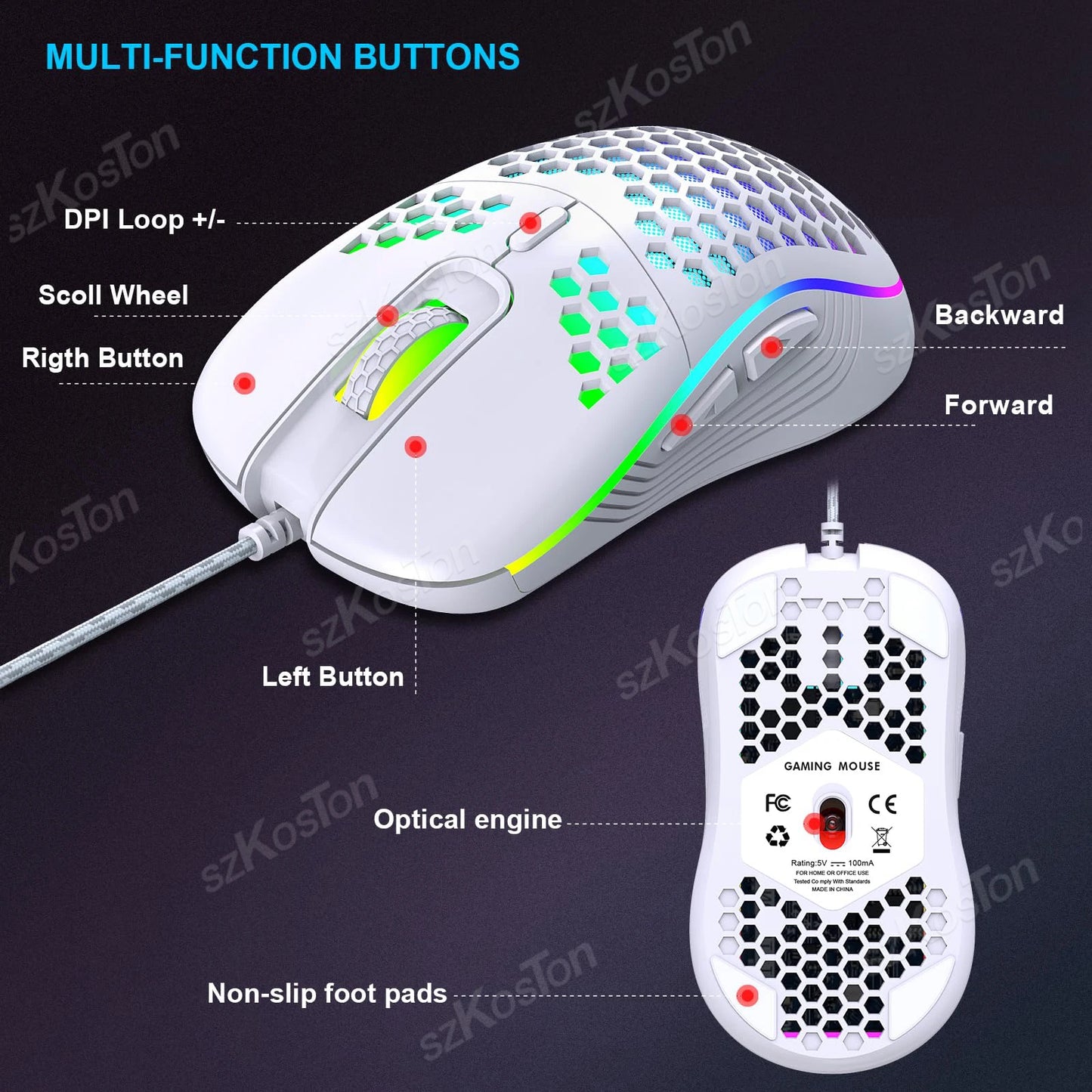 Honeycomb Wired Gaming Mouse RGB 7200 DPI Ergonomic