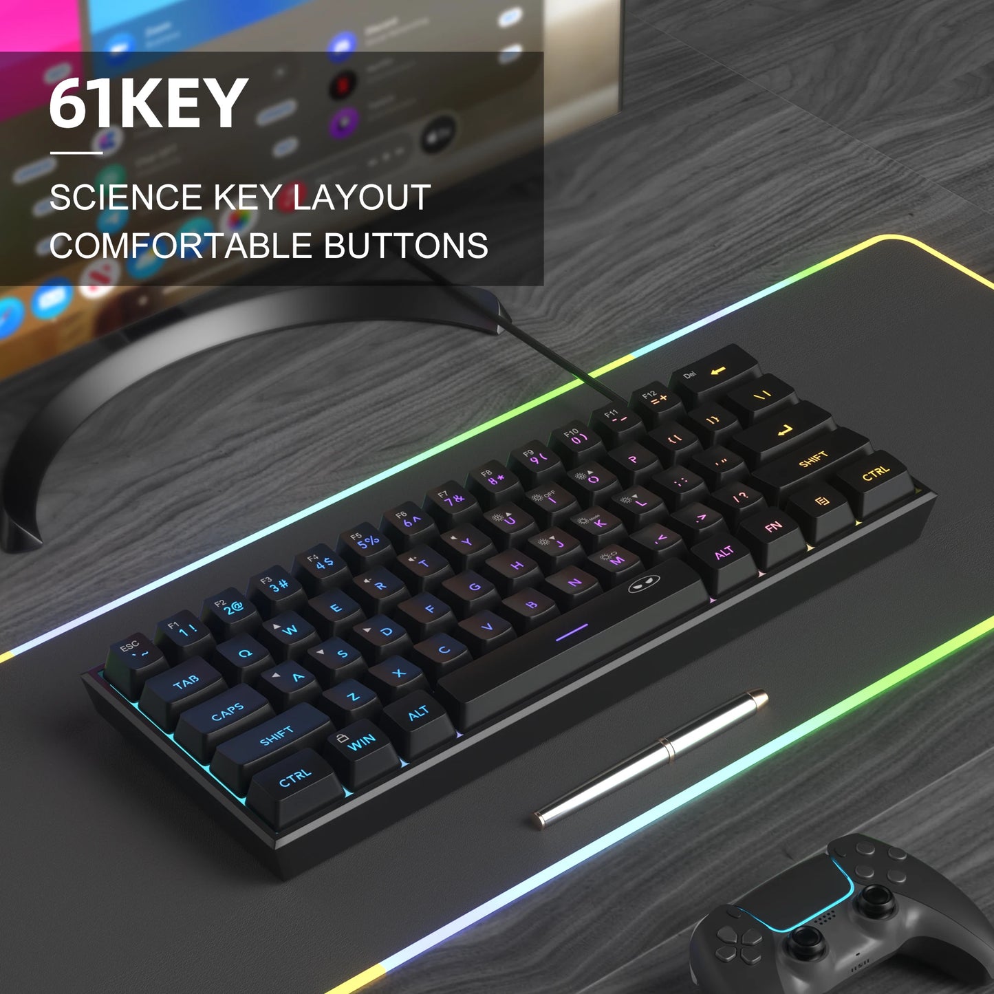 60% RGB Gaming Keyboard 61 Keys – Compact Waterproof Design