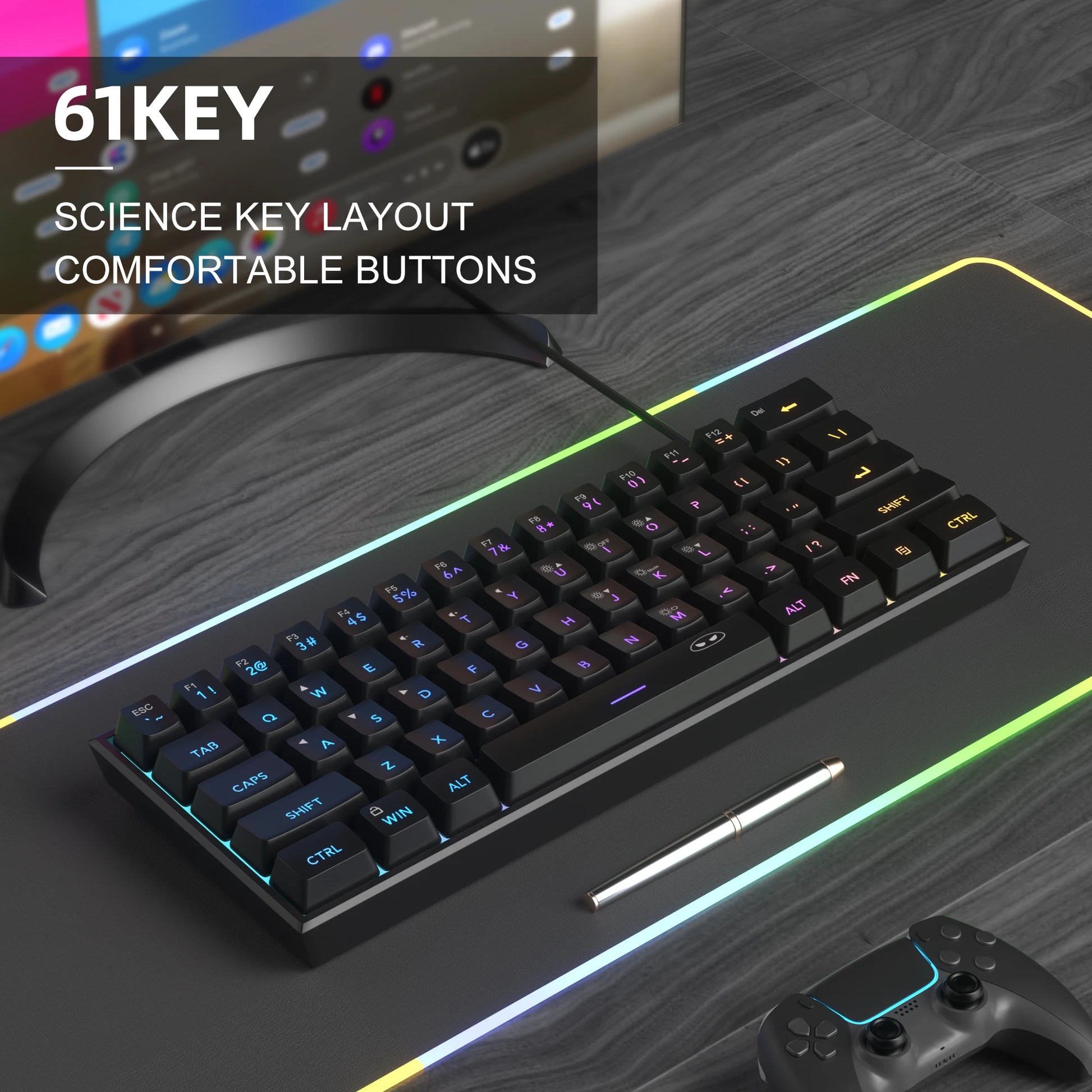 60% RGB Gaming Keyboard 61 Keys – Compact Waterproof Design