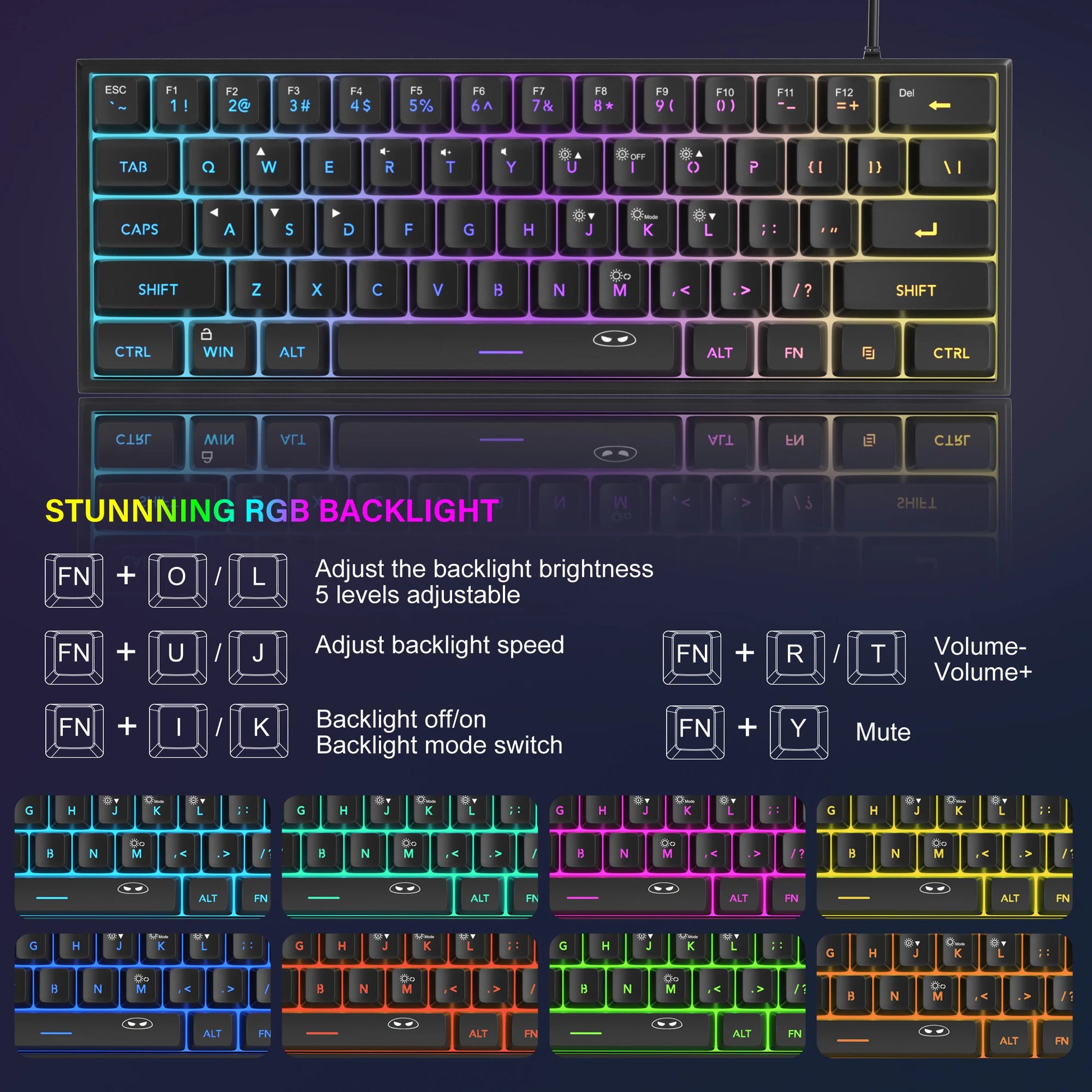 60% RGB Gaming Keyboard 61 Keys – Compact Waterproof Design